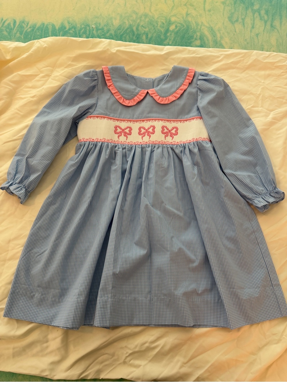 Stitchy Fish Girls' Blue Gingham Long-Sleeve Dress with Pink Trim
